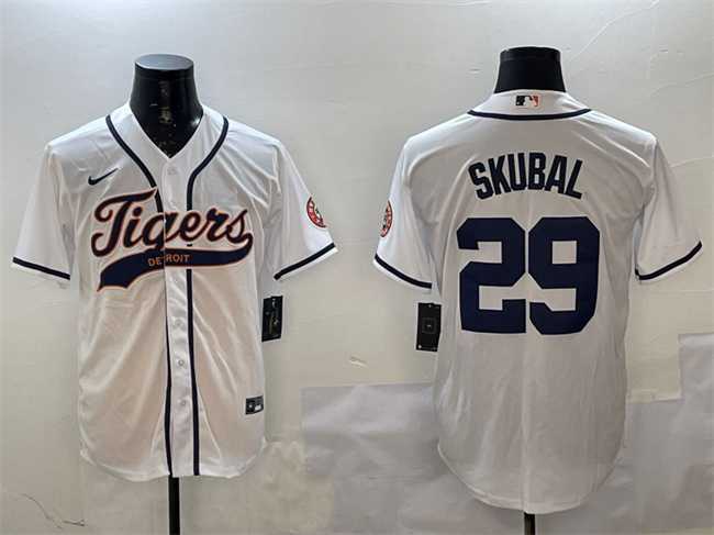 Men%27s Detroit Tigers #29 Tarik Skubal White With Patch Cool Base Stitched Jersey->detroit tigers->MLB Jersey